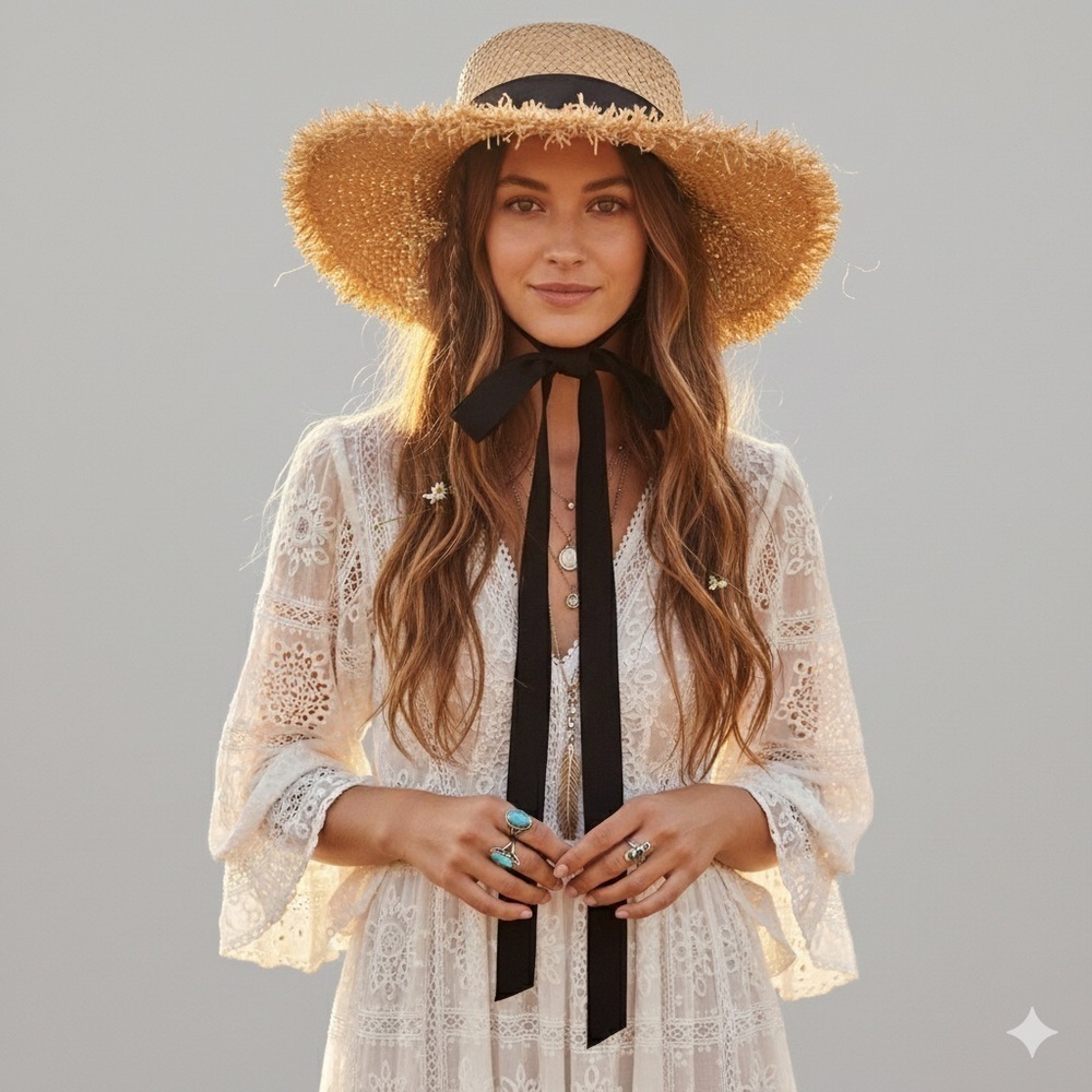 Straw Hat w/ Grosgrain Ribbon Chin Strap - One Size